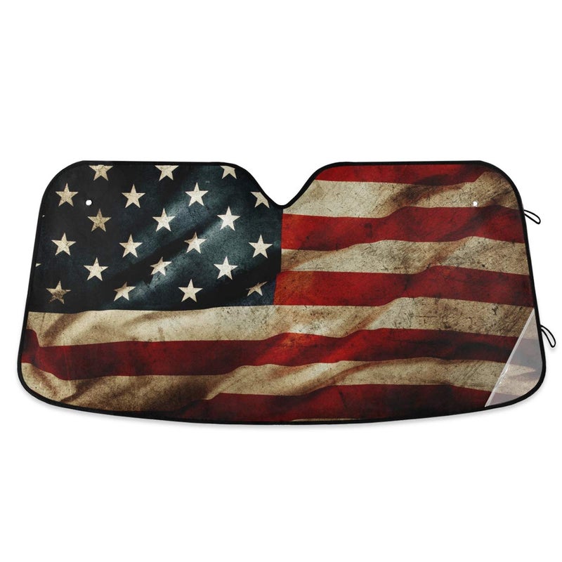 senya Grunge American Flag Car Windshield Sunshade Foldable Reflective Sun Shade Blocks UV Rays - Image 1